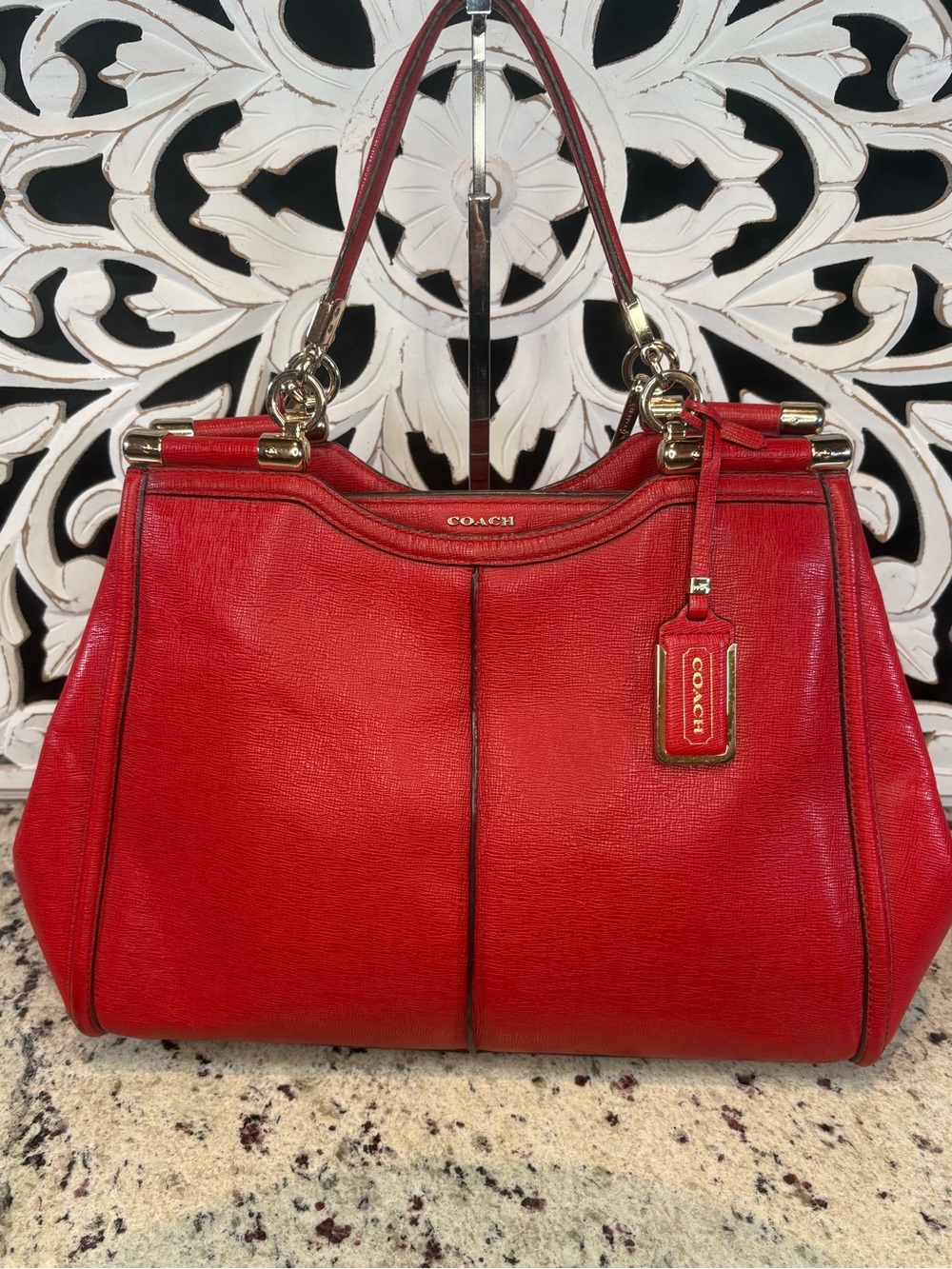 Coach Madison Caroline Textured Leather Satchel Red with Gold Hardware 25245